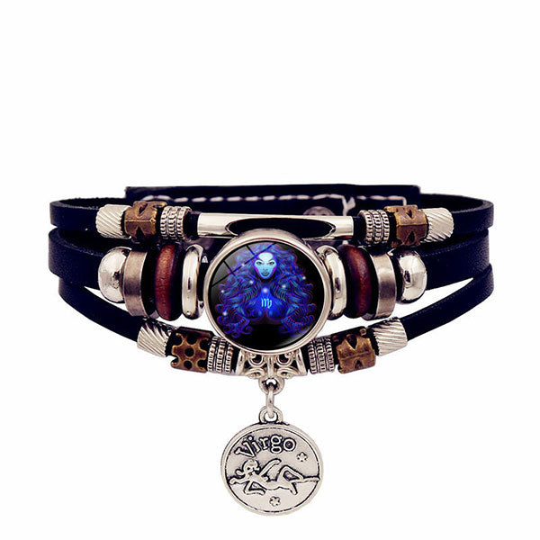 Zodiac Sign Leaher Blue Bracelet With Pendant