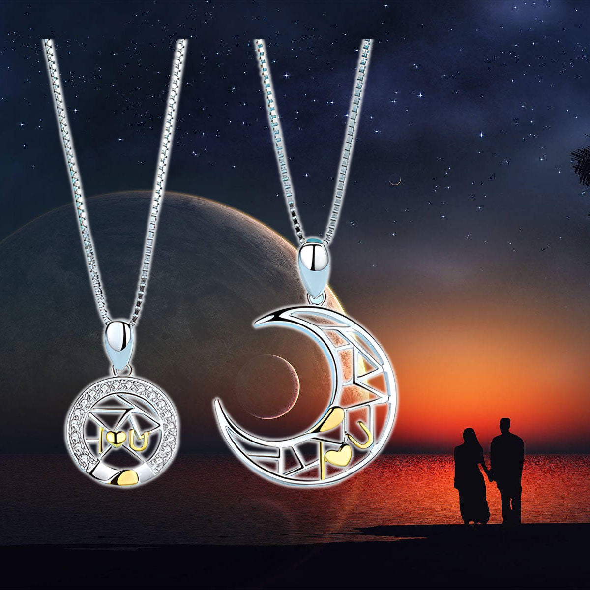 Cute 925 Sterling Silve I Love You Letter Moon And Star Couple Necklace