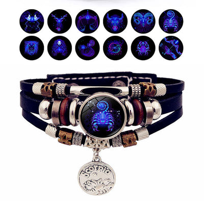 Zodiac Sign Leaher Blue Bracelet With Pendant