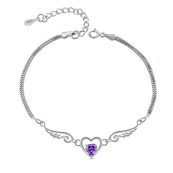 Gorgeous Angel Wing Heart Shape Stone 925 Sterling Silver Platinum Plated Bracelet