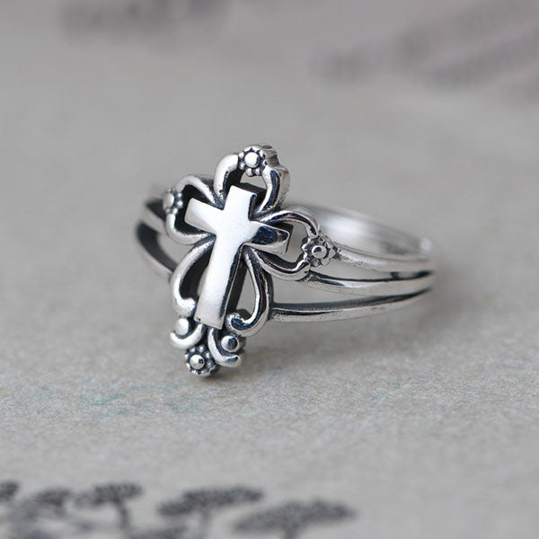 Fashion 925 Sterling Silver Floral Pattern Cross Ring