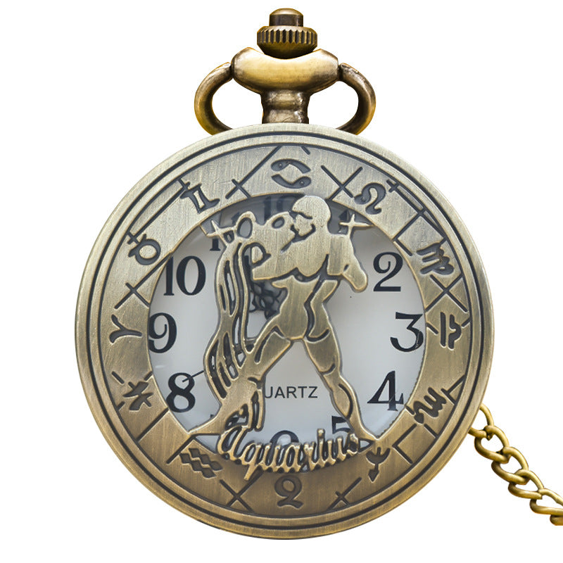 Retro Zodiac Sign Necklace Pendant Pocket Watch