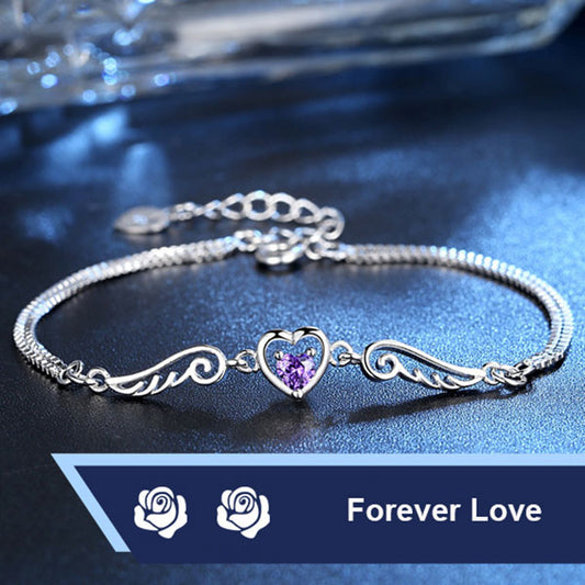 Gorgeous Angel Wing Heart Shape Stone 925 Sterling Silver Platinum Plated Bracelet