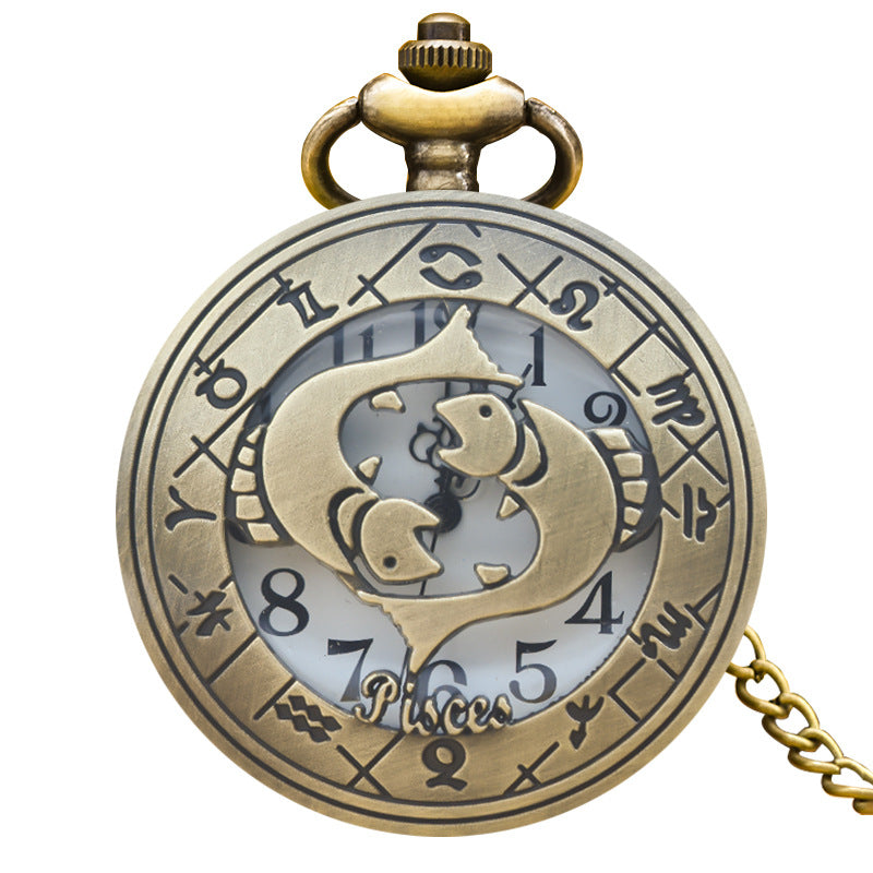 Retro Zodiac Sign Necklace Pendant Pocket Watch