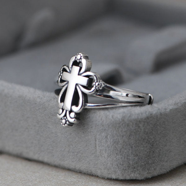 Fashion 925 Sterling Silver Floral Pattern Cross Ring