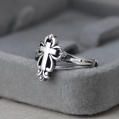 Fashion 925 Sterling Silver Floral Pattern Cross Ring