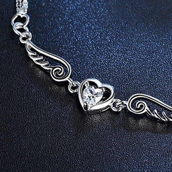 Gorgeous Angel Wing Heart Shape Stone 925 Sterling Silver Platinum Plated Bracelet