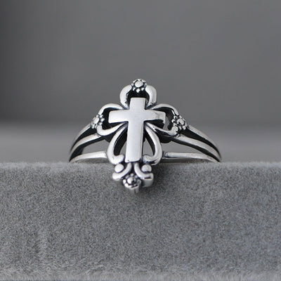 Fashion 925 Sterling Silver Floral Pattern Cross Ring