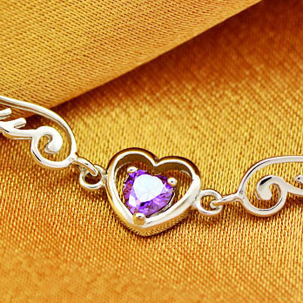 Gorgeous Angel Wing Heart Shape Stone 925 Sterling Silver Platinum Plated Bracelet