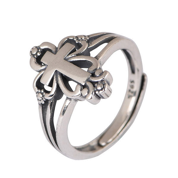 Fashion 925 Sterling Silver Floral Pattern Cross Ring