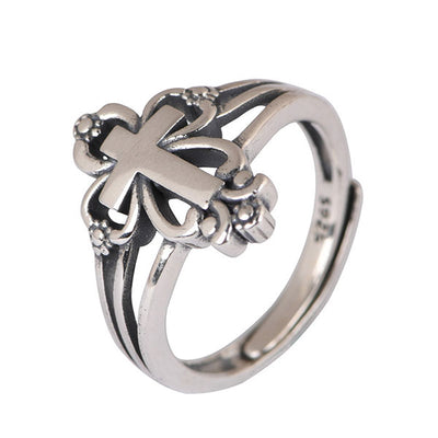 Fashion 925 Sterling Silver Floral Pattern Cross Ring