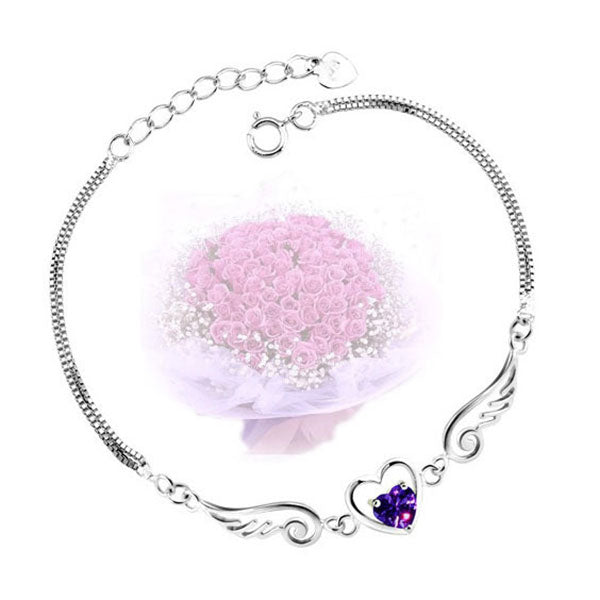 Gorgeous Angel Wing Heart Shape Stone 925 Sterling Silver Platinum Plated Bracelet