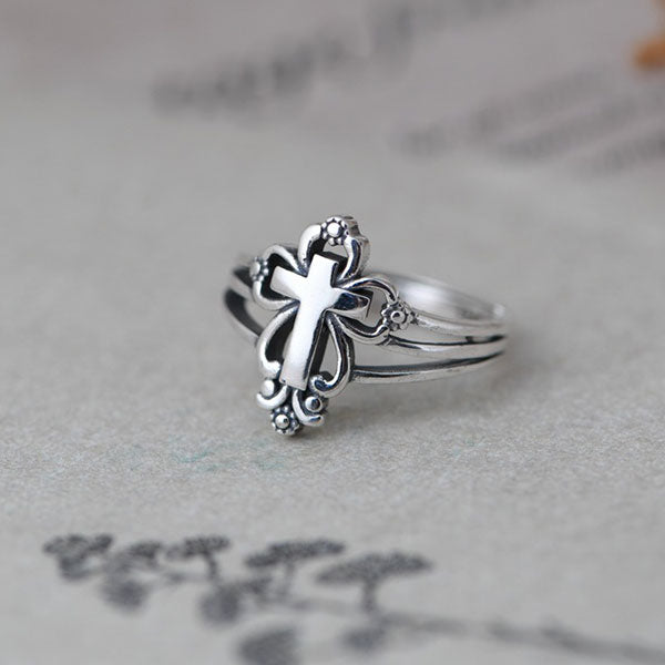 Fashion 925 Sterling Silver Floral Pattern Cross Ring