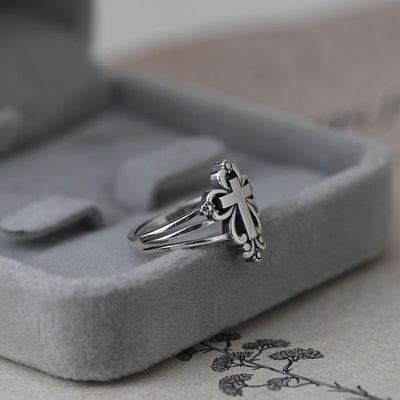 Fashion 925 Sterling Silver Floral Pattern Cross Ring