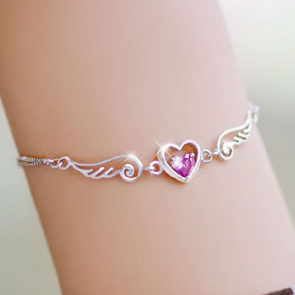 Gorgeous Angel Wing Heart Shape Stone 925 Sterling Silver Platinum Plated Bracelet