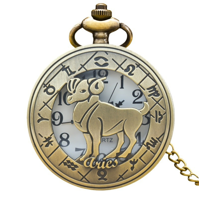 Retro Zodiac Sign Necklace Pendant Pocket Watch