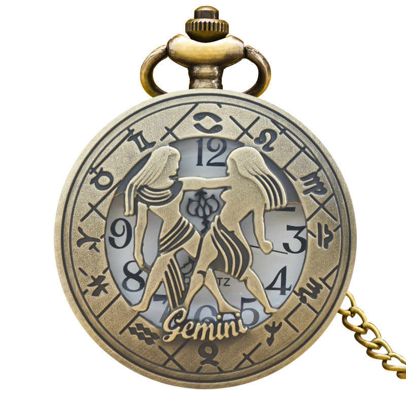 Retro Zodiac Sign Necklace Pendant Pocket Watch