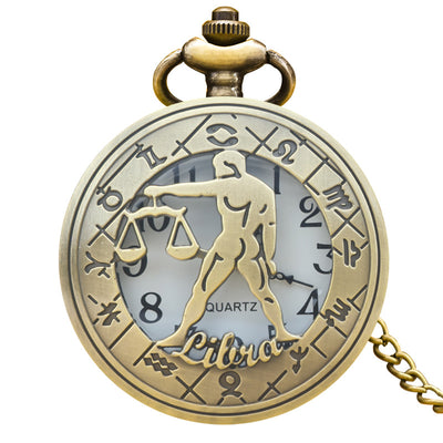 Retro Zodiac Sign Necklace Pendant Pocket Watch