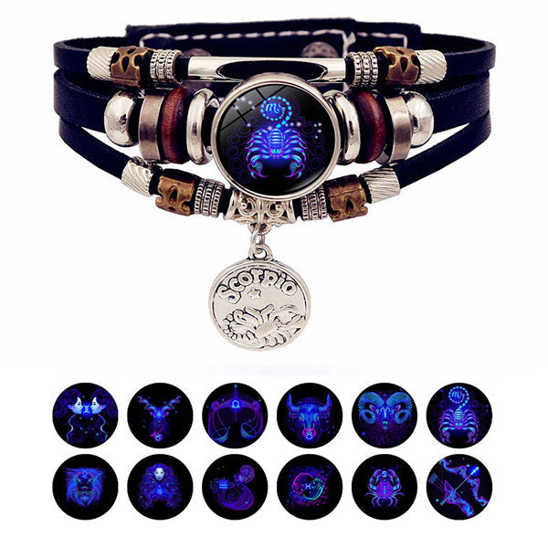 Zodiac Sign Leaher Blue Bracelet With Pendant