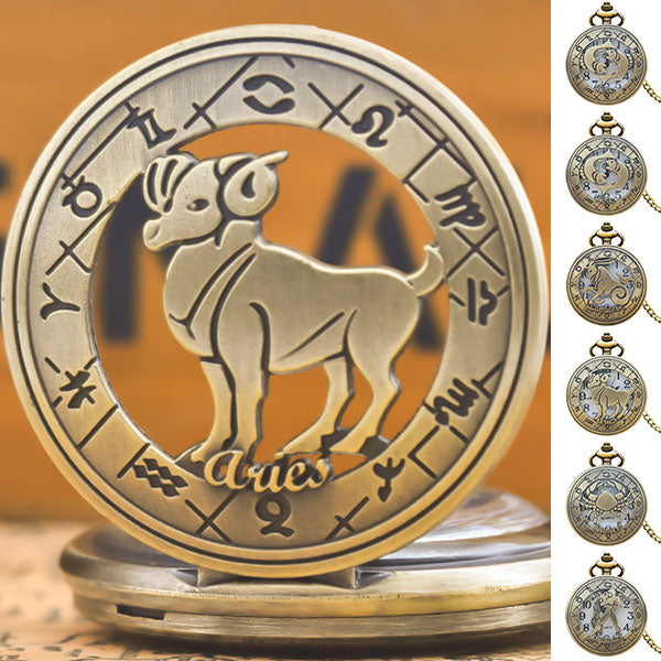 Retro Zodiac Sign Necklace Pendant Pocket Watch