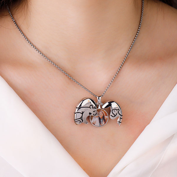 Cute Customize Photo Bear Element Heart Shape Pendant Necklace