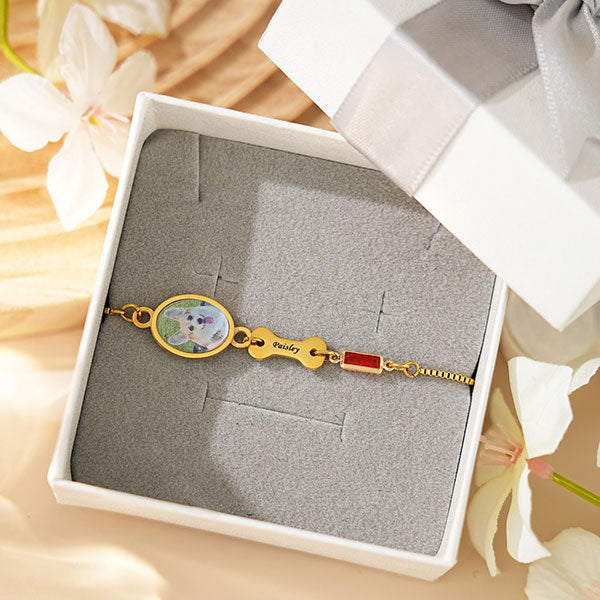 Customize Pet Theme Photo And Name Birthstone Bracelet