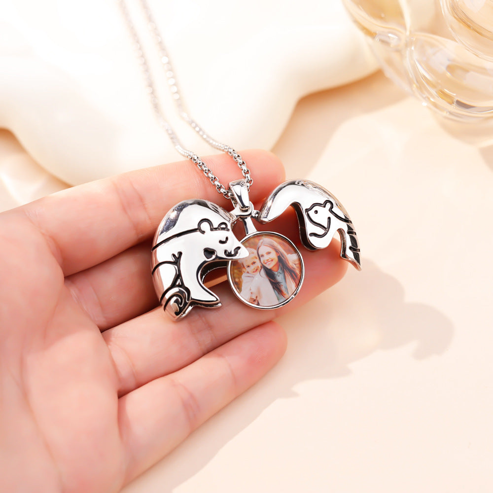 Cute Customize Photo Bear Element Heart Shape Pendant Necklace