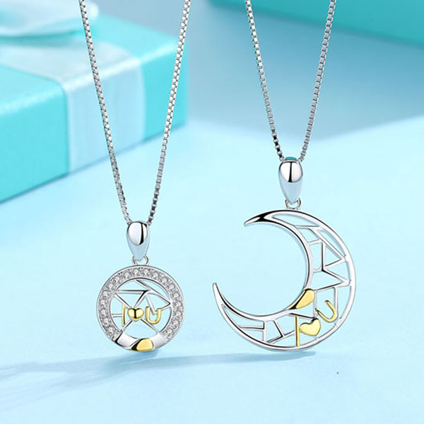 Cute 925 Sterling Silve I Love You Letter Moon And Star Couple Necklace