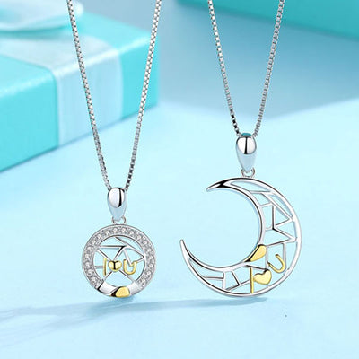 Cute 925 Sterling Silve I Love You Letter Moon And Star Couple Necklace