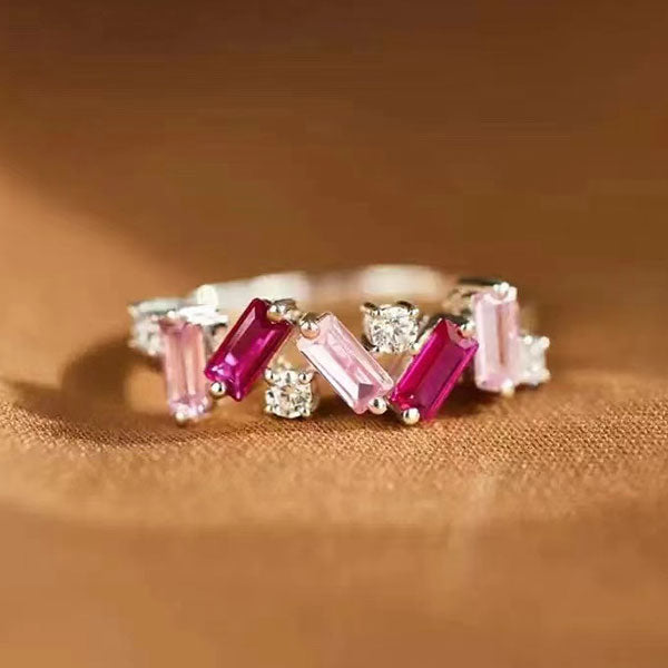 Fashion Irregular Pink Cubic Zirconia 925 Sterling Silver Ring