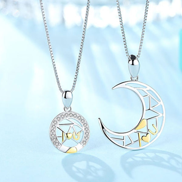 Cute 925 Sterling Silve I Love You Letter Moon And Star Couple Necklace