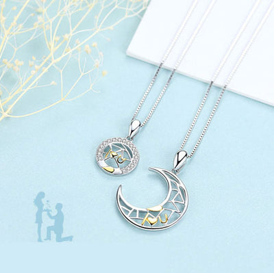 Cute 925 Sterling Silve I Love You Letter Moon And Star Couple Necklace