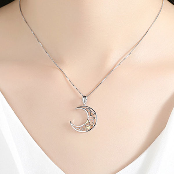 Cute 925 Sterling Silve I Love You Letter Moon And Star Couple Necklace