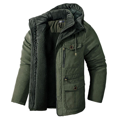 Men's Cashmere Hooded Thickened Multi Pocket Jacket US Size