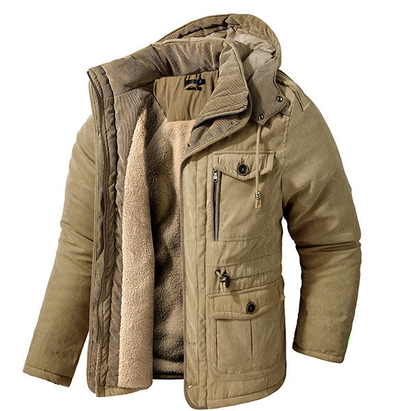 Men's Cashmere Hooded Thickened Multi Pocket Jacket US Size