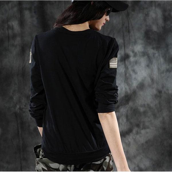 Army Style Long Sleeve Round Neckline Women Shirt - Kingerousx