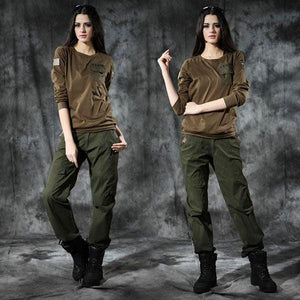 Army Style Long Sleeve Round Neckline Women Shirt - Kingerousx